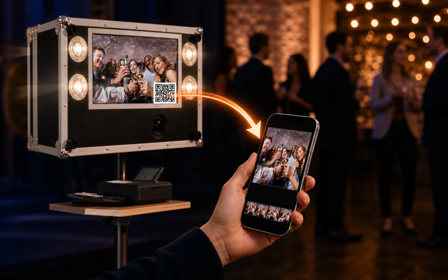 Fotobox zeigt einen QR-Code, über den ein Bild direkt auf ein Smartphone übertragen wird