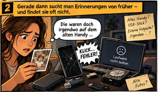 Comic-Kachel 2: Alte Handys, USB-Sticks und Festplatten sind nicht mehr lesbar.