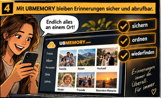 Comic-Kachel 4: UBMEMORY sammelt, ordnet und macht Erinnerungen wieder auffindbar.